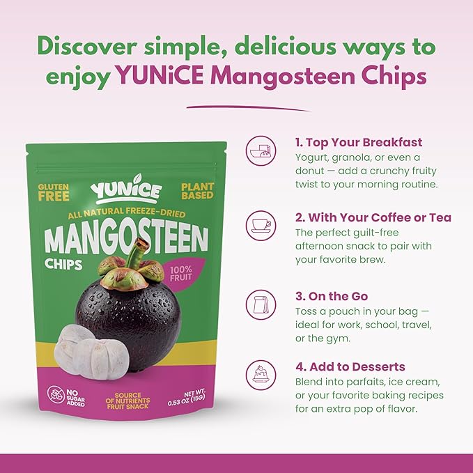YUNiCE mangosteen Chips freeze dried mangosteen Fruit Snack 100% Real Fruit No Sugar Added Vegan Plant-Based Gluten Free Crispy Snack 0.53 oz Single Serve Pouches MANGOSTEEN (Pack of 12)