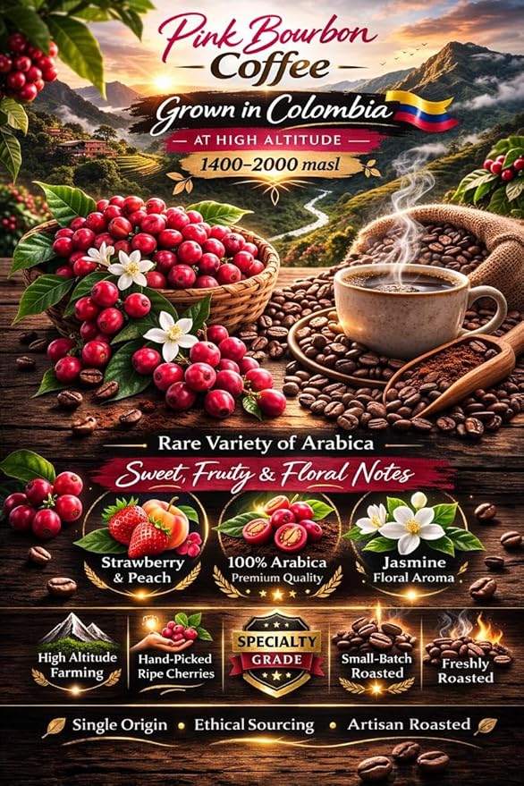 Colombian Coffee. Pink Bourbon Gourmet Coffee Beans Medium Roast. Valle de Huila.