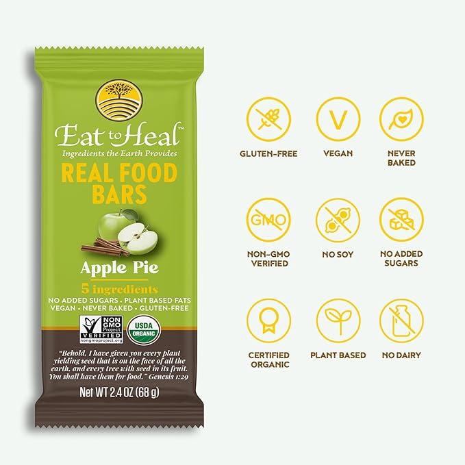 EatToHeal Apple Pie Real Food Bar - Organic Dates &amp Oats Gluten Free Vegan Healthy Protein Bars - Low Sugar Meal Replacement Bar Non GMO Never Baked Plant Based - Crafted to Enjoy