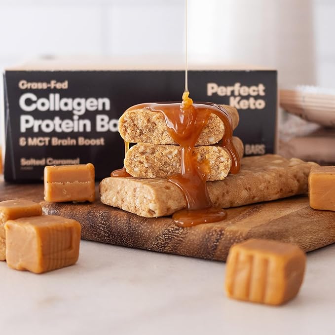 Perfect Keto Bars - The Cleanest Keto Snacks with Collagen and MCT. No Added Sugar Keto Diet Friendly - 3g Net Carbs 19g Fat11g Protein - Diet Food Dessert (Salted Caramel 12 Bars)