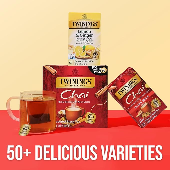 Twinings Chai Black Tea Individually Wrapped Bags 50 Count (Pack of 6) Sweet Savoury Spices Caffeinated Enjoy Hot or Iced 300 Teabags