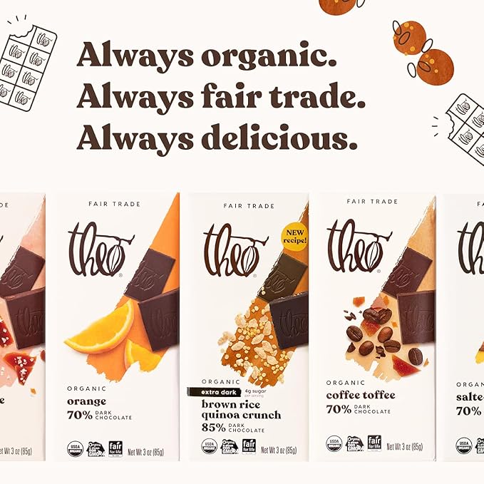 Theo Chocolate Brown Rice Quinoa Crunch Organic Dark Chocolate Bar 85% Cacao 12 Pack | Vegan Fair Trade