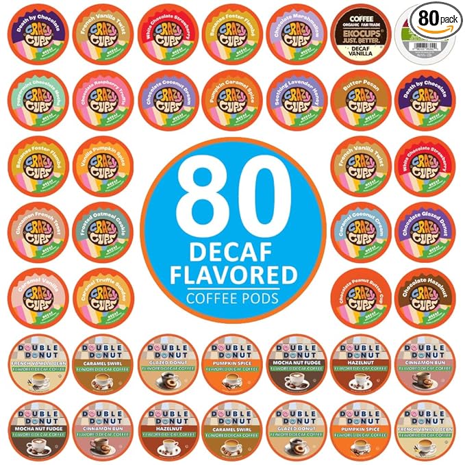 Crazy Cups Flavored Decaf Coffee Pods Variety Pack Compatible with Keurig K Cups Brewers 80 Count Assorted Decaffeinated Flavored Coffee Sampler