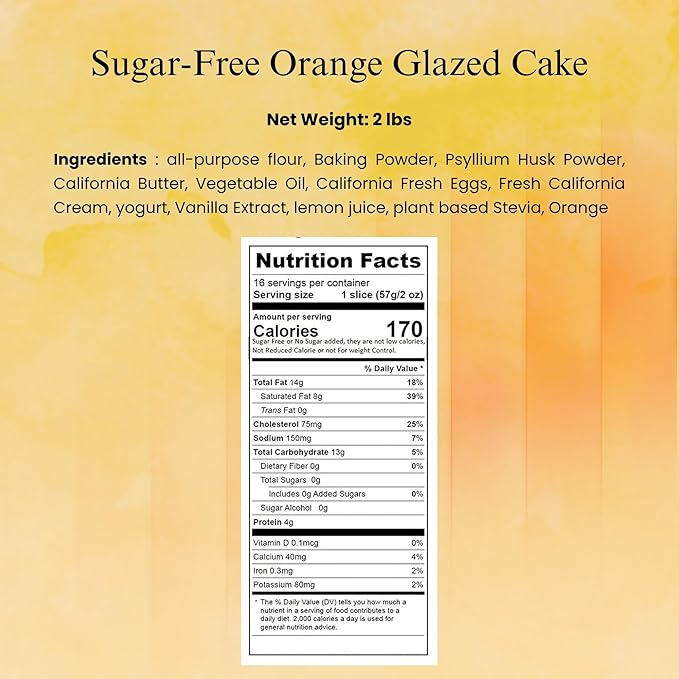 ANDY ANAND CHOCOLATIER Sugar Free Orange Glazed Cake 2 lbs - Fresh Natural Ingredients Handcrafted No Preservatives Perfect for Diabetics &amp Health-Conscious Dessert Lovers