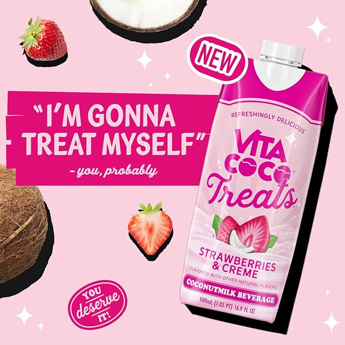 Vita Coco Treats Strawberries &amp Creme Coconut Milk Drink | Sweet Refreshing Treat | Cremey Pink Drink Alternative | 16.9 fl oz (Pack of 12)