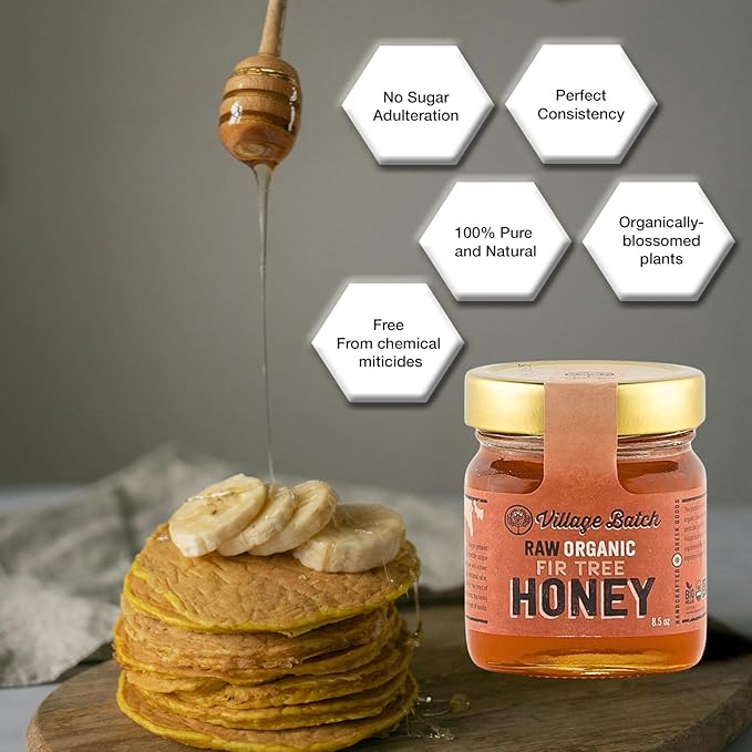 Village Batch Raw Organic Fir Tree Honey 8.5oz Jar (Pack of 1) Unfiltered and Unpasteurized Greek-Honey from Mainalo Mountain Smooth Texture with Vanilla and Conifer Notes