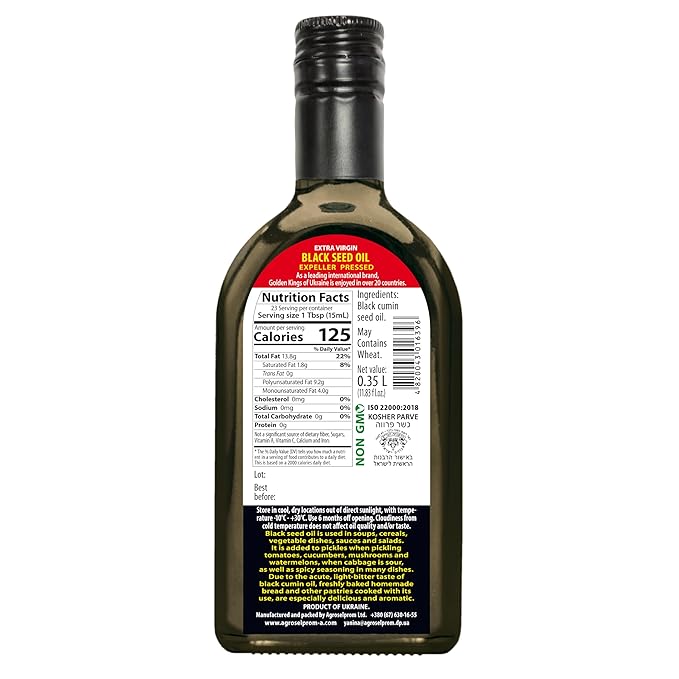 Black Seed Oil Cold Pressed Glass Bottle 11.83 OZ from Ukraine - Black Cumin Seed Cooking Oil for Soups Salads Baking