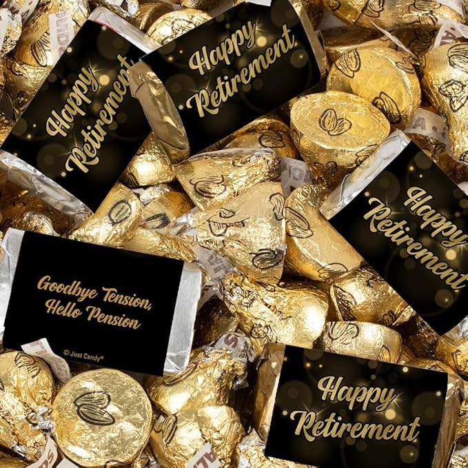 248ct Happy Retirement Black &amp Gold Candy Mix - Wrapped Chocolate Miniatures &amp Gold Foiled Almond Milk Chocolate Kisses for Celebratory Party Favors &amp Gifts