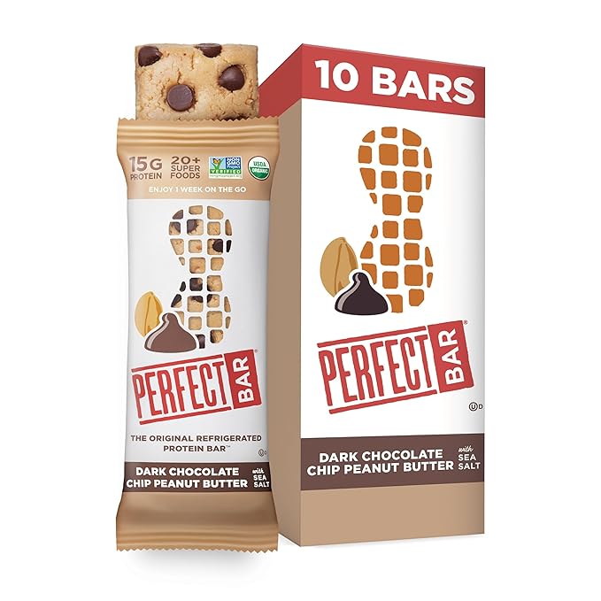 Perfect Bar Protein Bars Dark Chocolate Chip Peanut Butter Gluten Free Made with Organic Honey Cookie Dough Texture Refrigerated 2.3 Oz Bars 10 Count