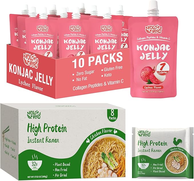 Konjac Jelly Pouch Drinkable Lychee Flavor and High Protein (32g) Instant Ramen Chicken Flavor Noodles Soup 18 Pack Plant-Based Low Carb Low Fat Ready to Eat Holiday Gifts