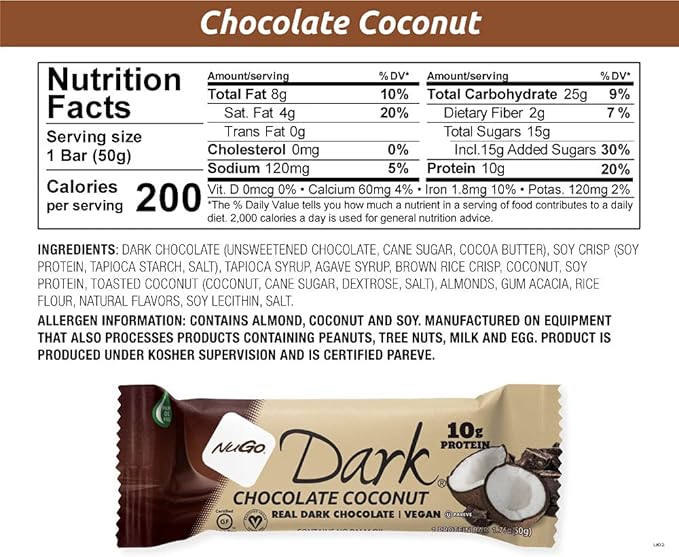 NuGo Dark Chocolate Coconut 10g Protein Bar Vegan Gluten Free Non-GMO Kosher Pareve 24 Count