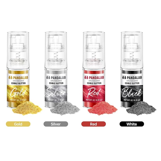 Edible Glitter Spray – Pandalab Food Grade Drink Shimmer Powder Luster Dust Spray for Cocktails Cakes Cupcakes Chocolate &amp Baking Red Black Gold Silver 5g / Bottle