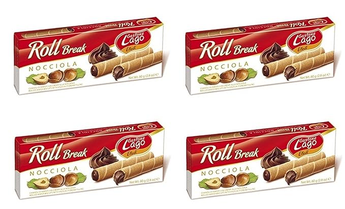 Gastone Lago Roll Break Light and fragrant wafer rolls Hazelnut filled with soft velvety cream - 2.8 oz. 4-Pack (Hazelnut 4-Pack)