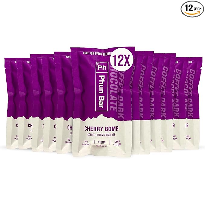 Phun Bar Cherry Bomb Energy Bars (Pack of 12) 25mg Caffeine | Coffee + Dark Chocolate + Cherry | Gluten-Free Sports Energy Bars for Cycling Hiking Training &amp Busy Days