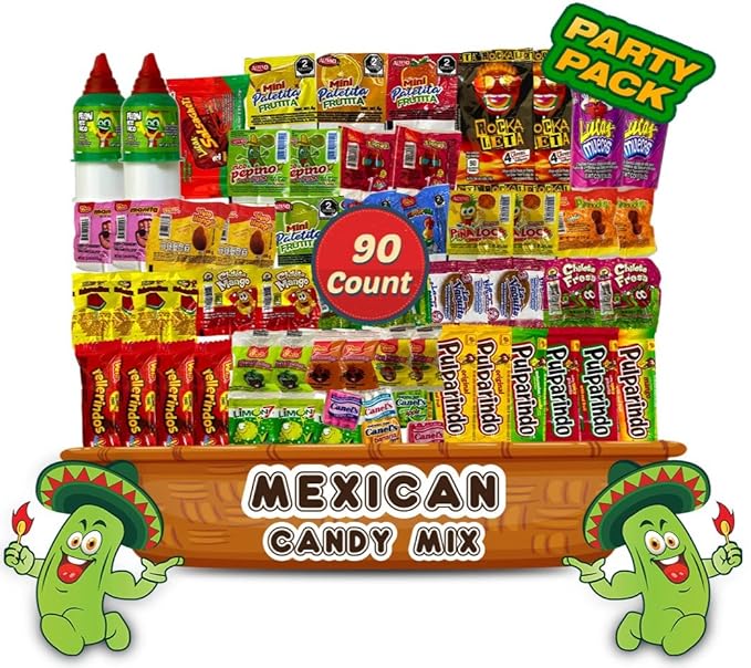 Mexican Candy Assortment Snacks Pack - Variety of Spicy Sweet and Sour Candies Includes Lucas Candy Pelon Pelo Rico Pulparindo Rellerindo by LookOn - 90 Count