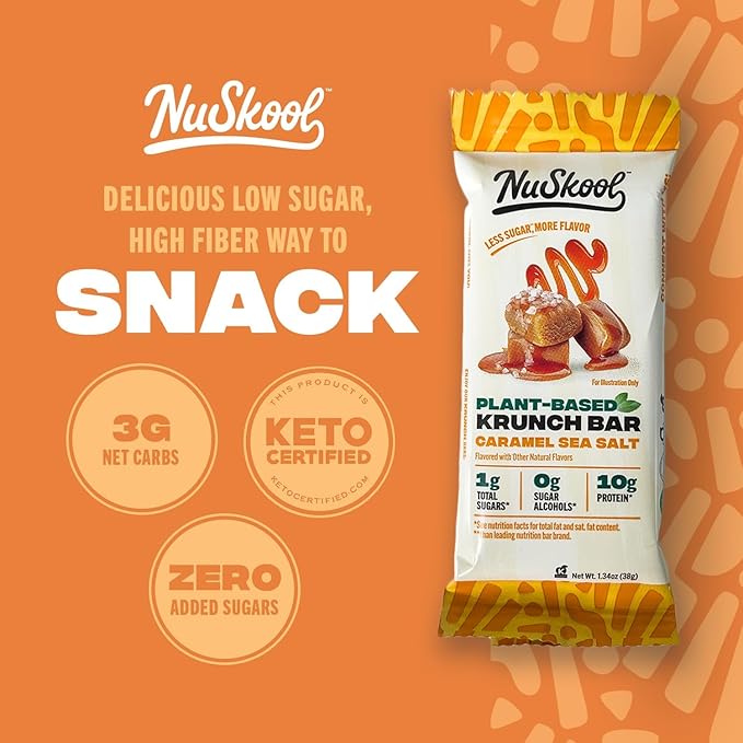 NuSkool Keto Friendly Krunch Bars - 7g Fiber 10g Plant-Based Protein 3g Net Carbs - Gluten-Free Non-GMO Vegan (12 Count Caramel Sea Salt)