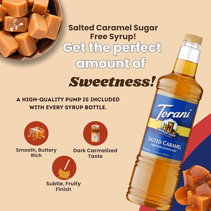 Torani Sugar Free Salted Caramel Syrup 1 Liter Bottle with Pump Dispenser – Zero Calorie Flavored Coffee Syrup for Lattes Cold Brews Teas Cocktails &amp Desserts – Keto Friendly