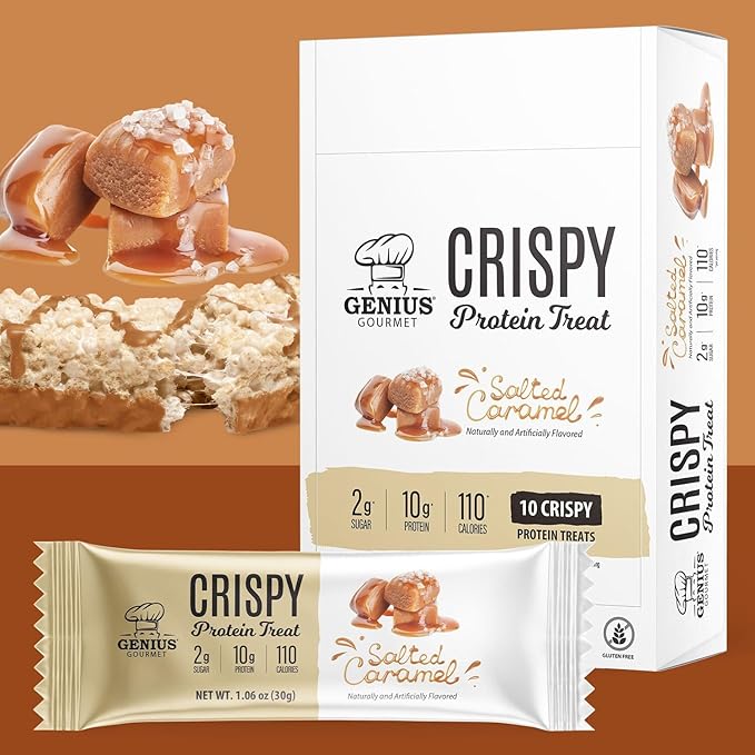 Genius Gourmet Crispy Protein Treat Salted Caramel Keto Snack Low Carb Low Sugar &amp Gluten Free Protein Snacks for Adults 10G of Whey Protein per Protein Bar 5 Net Carbs On The Go Snack 20