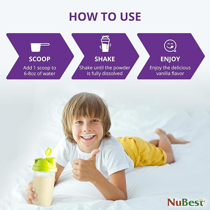 NuBest Tall Vanilla Plant-Based Protein Powder for Kids &amp Teens - Healthy &amp Immunity with Probiotics Omega 3-6-9 Vitamin D3 + K2 Calcium &amp Vitamins - 10 Servings | 2 Week Supply