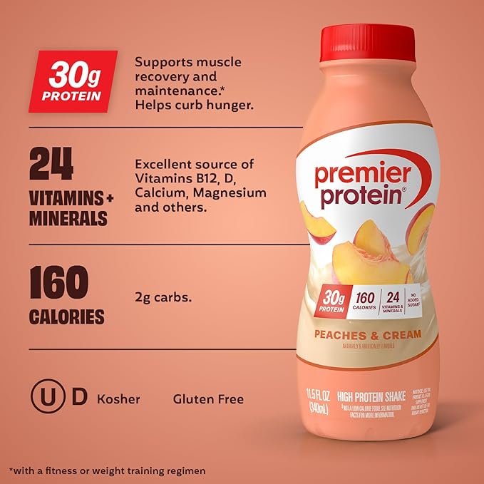 Premier Protein Shake Peaches &amp Cream 30g Protein No Added Sugar 24 Vitamins &amp Minerals to Support Immune Health 11.5 fl oz 12 Pack