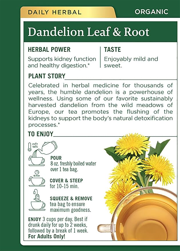 Traditional Medicinals Organic Dandelion Leaf &amp Root Herbal Tea Supports Kidney Function &amp Healthy Digestion (Pack of 3) - 48 Tea Bags Total