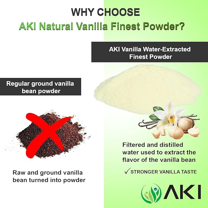 AKI Vanilla Extract Powder from Authentic Beans for Delicious Flavoring Cooking Baking Drinks Tea Coffee Smoothies Cocktails - Sugar-Free &amp Alcohol-Free (454g/1lb)
