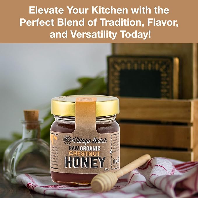 Village Batch Raw Organic Chestnut Honey 8.5oz Jar (Pack of 1) Bold and Earthy Greek.Honey Unfiltered Unpasteurized Rich Flavor Organic Raw-Honey with Mahogany Notes and Mellow Sweetness