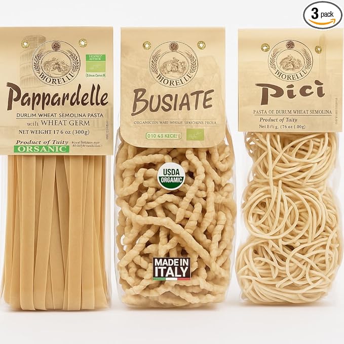 Morelli Pasta Combo 3-pack (Busiate/Pappardelle/Pici)-Organic Premium Durum Wheat Semolina Italian Pasta from Italy - Protein-Rich Ancient Grains All Natural Gourmet Italian - 17.6oz (500g)