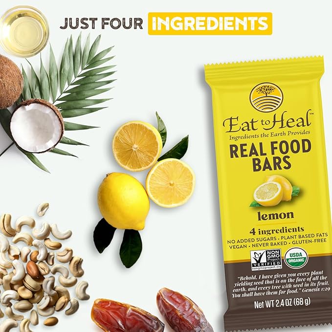 EatToHeal Lemon Real Food Bar - Organic Vegan Healthy Gluten Free Protein Bars - Low Sugar Meal Replacement Bar Non GMO Never Baked Plant Based - Crafted to Enjoy Not Sit on Shelves