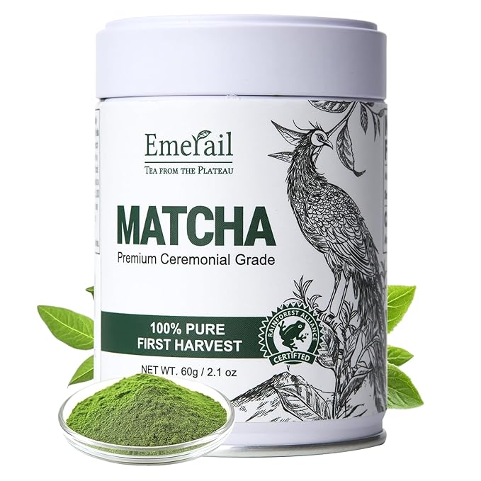 Emerail Ceremonial Grade Matcha Green Tea Powder Premium First Harvest Unsweetened 100% Pure Matcha for Lattes Smoothies and Baking (60g / 2.1oz)