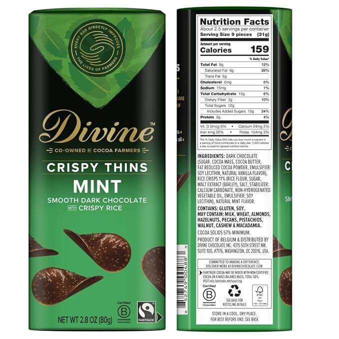Divine Chocolate Crisp Thins Variety Pack 6-Pack | Dark Chocolate Mini Crisp Thins Milk Chocolate Caramel Crisp Thins &amp Dark Chocolate Crisp Thins | Thin Crunchy Gourmet Chocolate Snacks