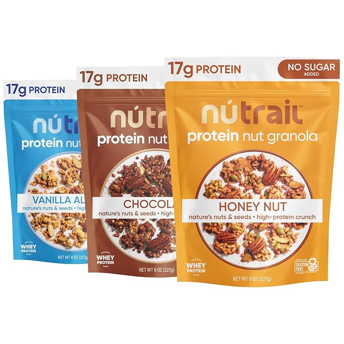 NuTrail 17g Protein Nut Granola Cereal Variety Pack No Sugar Added Keto Low Carb Gluten Free Grain Free Healthy Breakfast 8 oz. 3 Count