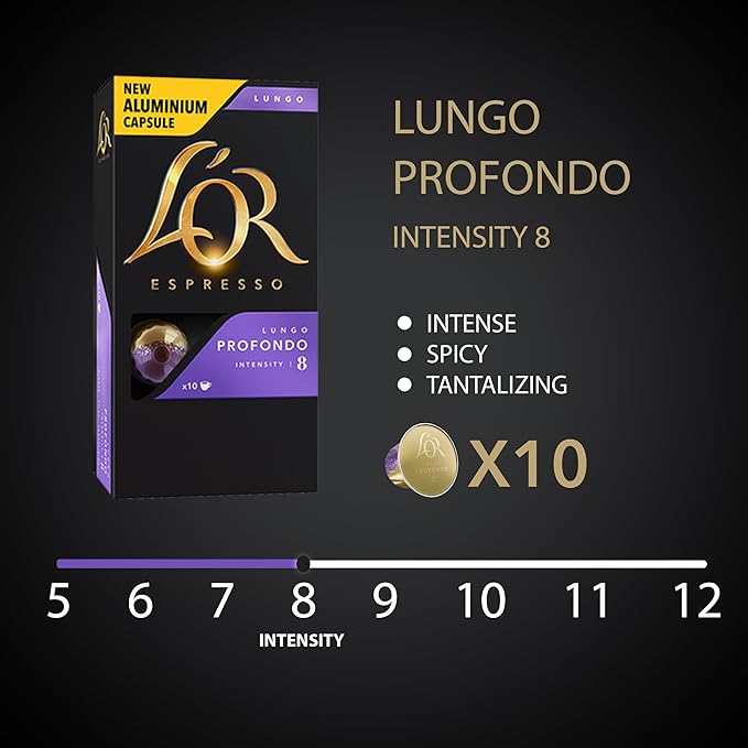 L'OR Espresso Capsules 80 Count Profondo Lungo Single-Serve Aluminum Coffee Capsules Compatible with the L'OR BARISTA System &amp *Nespresso Original Machines 80 Count (Pack of 8)