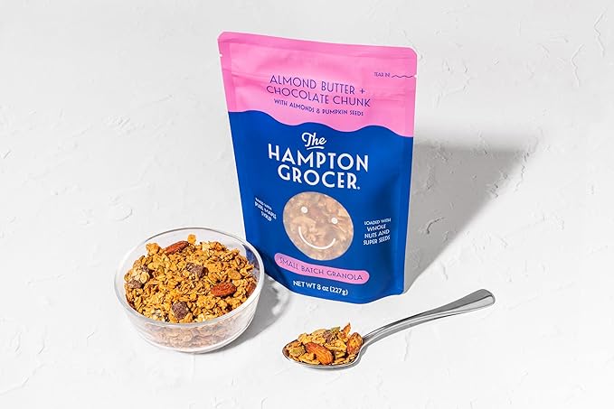 The Hampton Grocer Almond Butter &amp Chocolate Chunk Granola 3 pack - Gluten-Free Dairy-Free Organic Oats &amp Pumpkin Seeds Sweetened with Maple Syrup - Low Sugar Crunchy Small-Batch 8oz