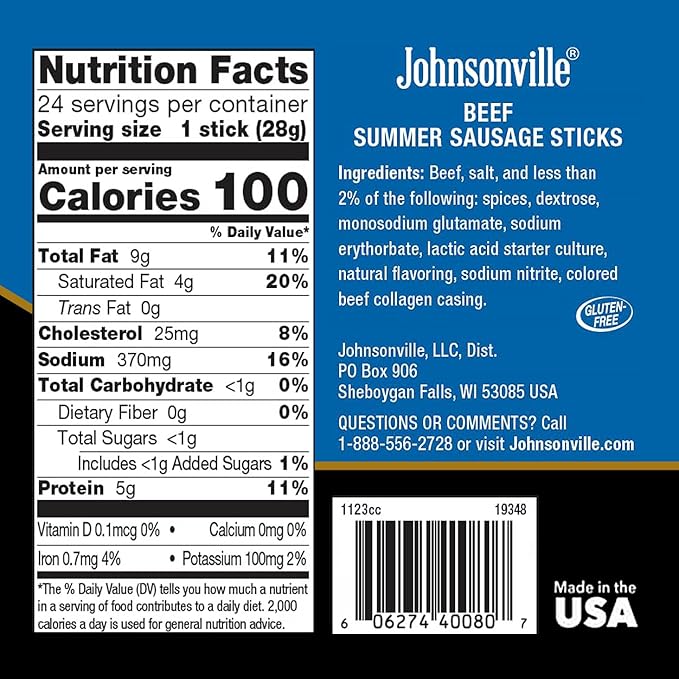 Johnsonville Summer Sausage Snack Sticks - Dairy Free Gluten Free Protein Snacks Jerky Snack Packs - Beef 1 oz. 24-Pack
