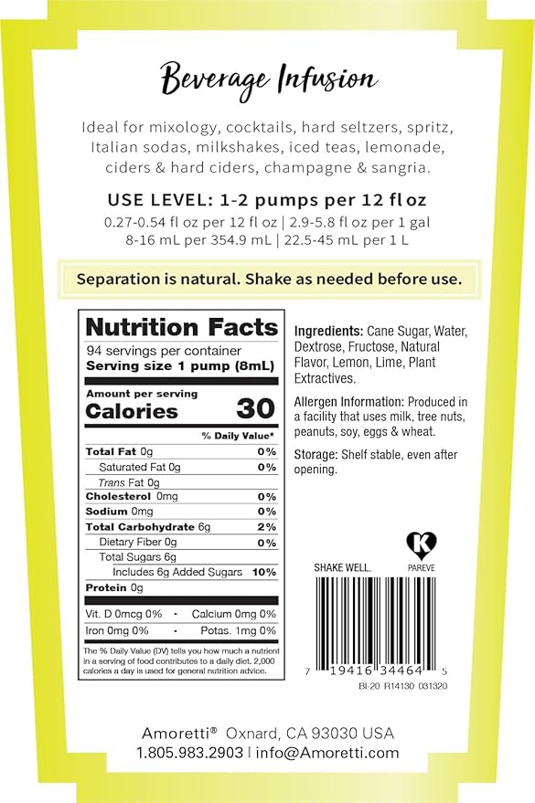 Amoretti - Lemon Lime Beverage Infusion - Drink Mix &amp Water Enhancer with Pump for Flavoring Cocktails Waters Teas and other Beverages Preservative Free