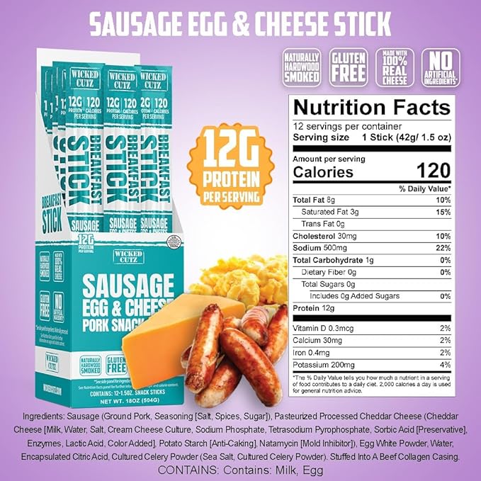 Wicked Cutz Sausage Egg and Cheese Stick 12g Protein Per Gluten Free Breakfast Stick USA Made High Protein Carnivore Snacks Breakfast Meat Sticks (12 Sticks)