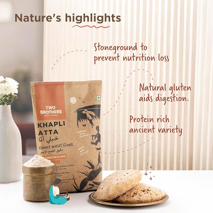 Two Brothers Organic Farms - Khapli Wheat Flour (5kg) | Low-Gluten Wheat Flour | High Dietary Fiber for Easy Digestion | Stoneground Emmer | Khapli Atta | Organic Atta (Pack of 1 kg x 5)