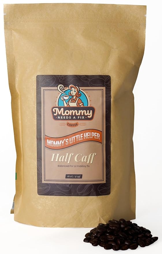 Mommy Needs A Fix Half Caff Whole Bean Coffee | 100% All Natural Arabica Beans | Medium Roast | Chemical Free Swiss Water Process | Pregnancy &amp Breastfeeding Friendly | Roasted in the USA | 1 lb