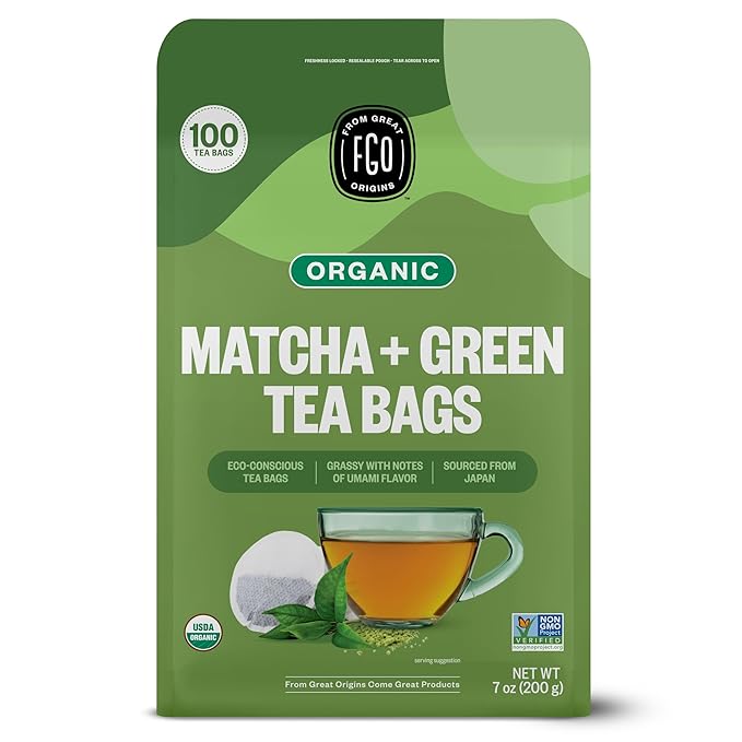 FGO Organic Japanese Matcha + Green Tea 100 Count Eco-Conscious Tea Bags Resealable Bag Packaging May Vary (Pack of 1)