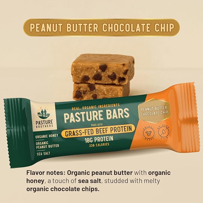 Pasture Brothers Grass-Fed Protein Bars - 18g Protein Seed Oil Free &amp Gluten Free - Clean Energy Snack with Organic Ingredients No Artificials (12-Pack Peanut Butter Chocolate Chip)