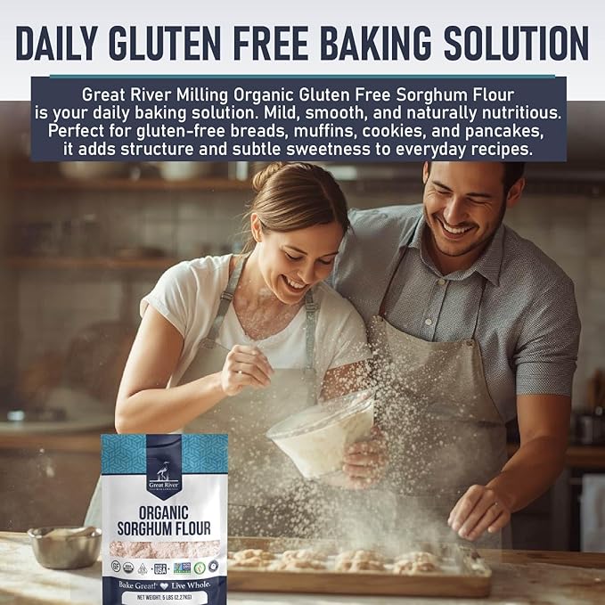 Great River Milling Organic Sorghum Flour | Gluten Free Whole Grain Flour | USDA Organic Non-GMO Kosher Vegan Certified | Mild Versatile Baking Ingredient for Breads Cookies &amp Batters | 5 Lb