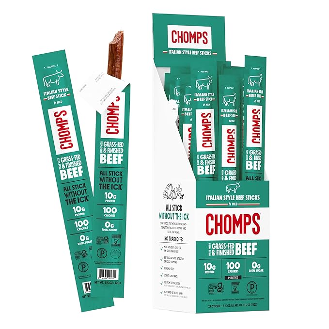 CHOMPS Grass Fed Italian Style Beef Jerky Snack Sticks Keto Whole30 Paleo Gluten Free Sugar Free Low Carb AIP Diet Compliant 100 Calories1.15 Oz Pack of 24