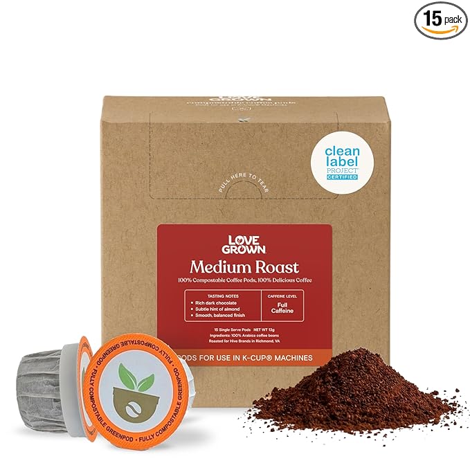 Love Grown Compostable Coffee Pods - Compatible With Most Major Coffee Pod Brewers - 100% Arabica Plastic-Free Non-GMO - Medium Roast Box of 15