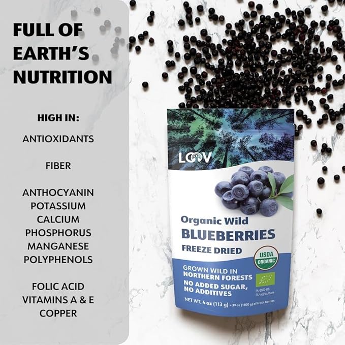 LOOV Wild Organic Dried Blueberries No Added Sugar No Added Oil 4 Ounces Freeze Dried Blueberries Organic From Nordic Forests 100% Whole Fruit Wild Blueberries Non-GMO Unsweetened Dried Fruit