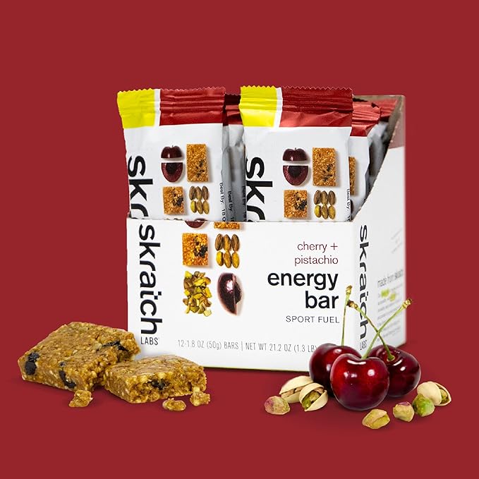 Skratch Labs Energy Bar | Cherry + Pistachio (12 Pack) | Plant Based Healthy Snack | Low Sugar - 5g Protein | Non-GMO Gluten Free Soy Free Vegan Kosher
