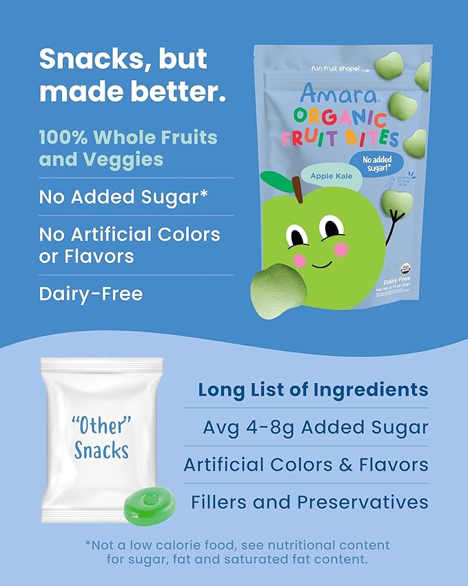 Amara Organic Fruit Bites Apple Kale - No Artificial Colors/Dyes Added Sugar Dairy-Free Fruit Snacks Made with Organic Whole Foods Healthy Fruit Snacks for Kids - 6 Pack
