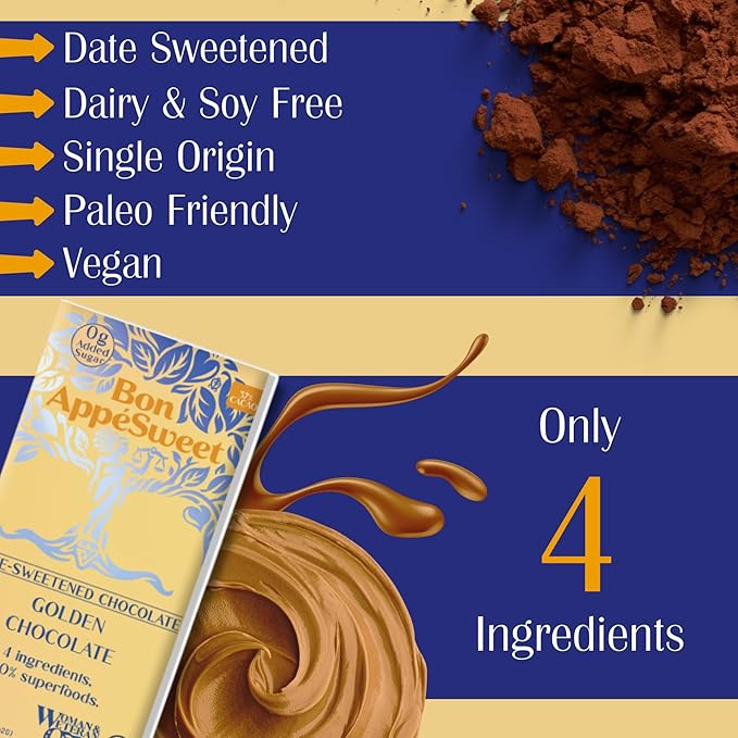 Bon Appesweet Date Sweetened Chocolate Bar - Golden Chocolate | 2.2 Ounce (Pack of 5) | Organic Zero Added Sugar 37% Cacao Plant Based Dairy Free and Guilt Free!
