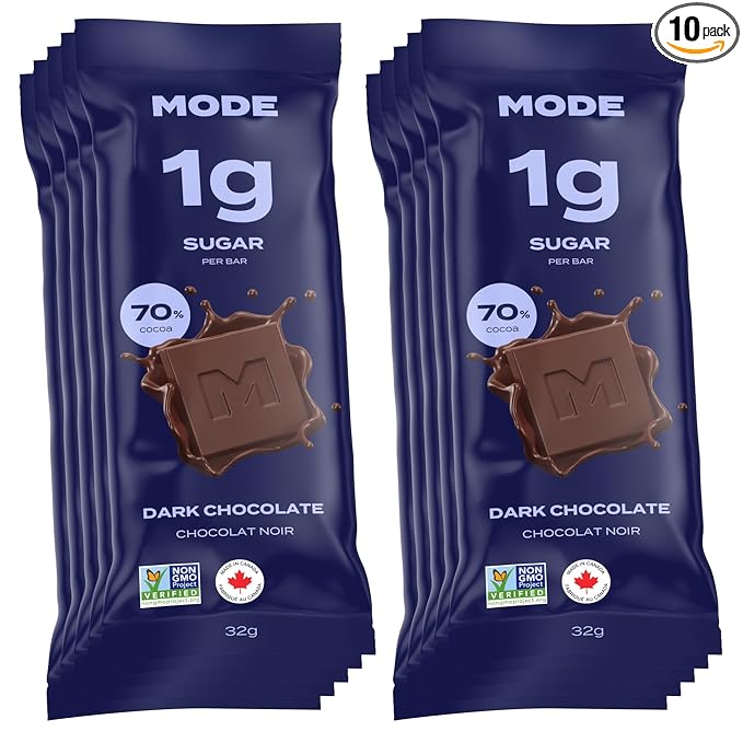 Mode Dark Chocolate Bar - Low Sugar 70% Cocoa 1g Sugar per Bar Naturally Sweetened with Monk Fruit No Added Sugar No Sugar Alcohols Keto Friendly Gluten Free Non-GMO - 10 Pack