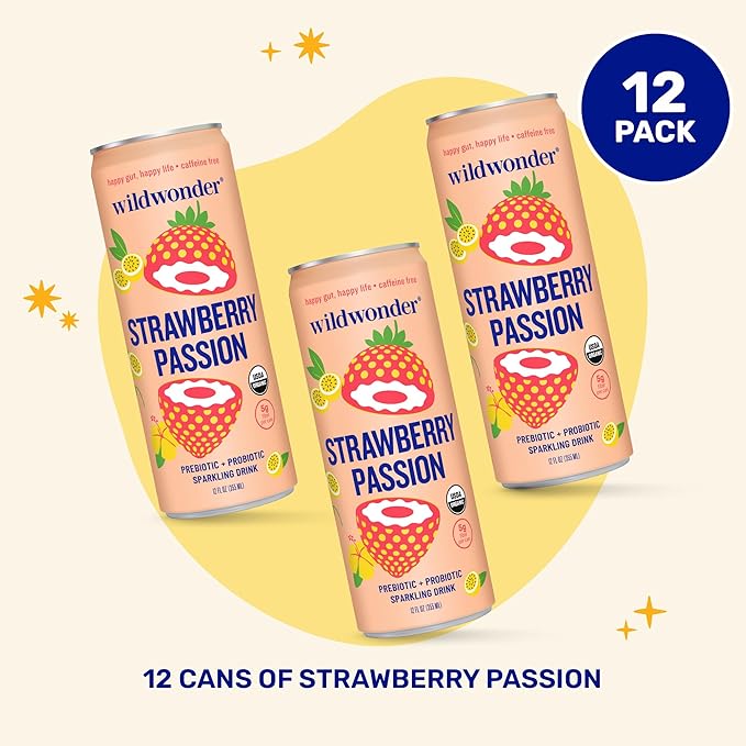 wildwonder Sparkling Probiotic Drink 12pk For Gut Health &amp Immune Support Strawberry Passion 5g Prebiotic Fiber Live Probiotics Organic Vegan Low Sugar 12 Pack 12oz Can As Seen on Shark